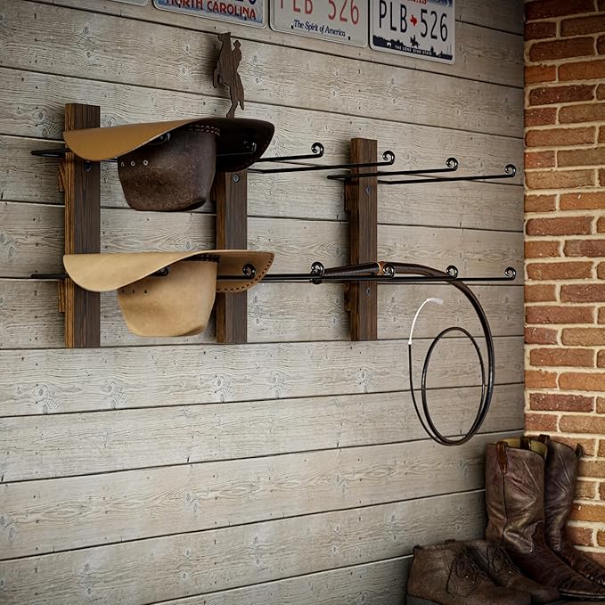 P-ALADIN Cowboy Hat Holder with Horse Decor, Cowboy Hat Rack for Wall, 6-Piece Wall-Mount Western Hat Organizer with Wooden Board – Storage Hat Holder Organizer