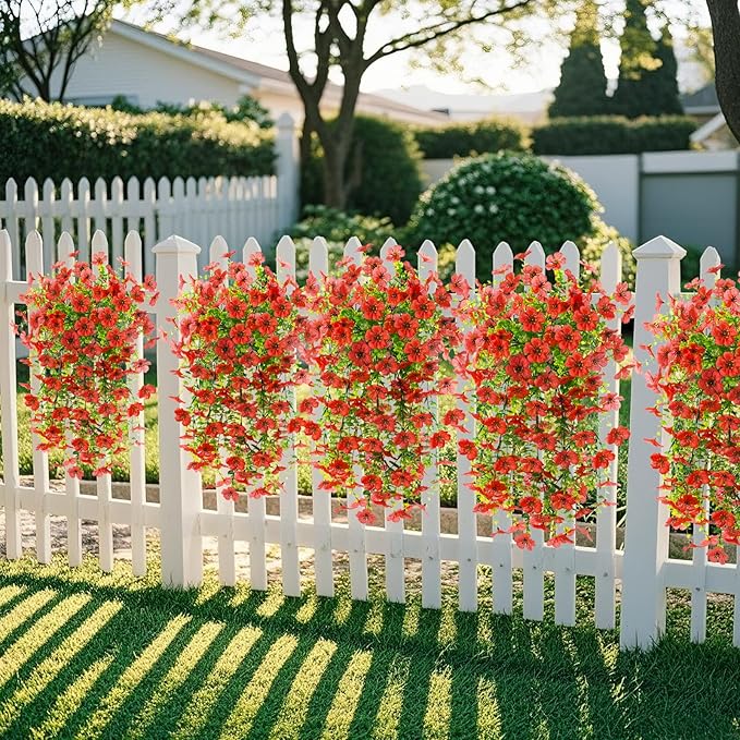 Homsunny Artificial Fake Hanging Flowers Plants for Outdoor Spring Decorations, 2 PCS Faux Daisy Silk Flower Outside No Fade UV Resistant Realistic Home Decor for Porch Patio Window Box (Red