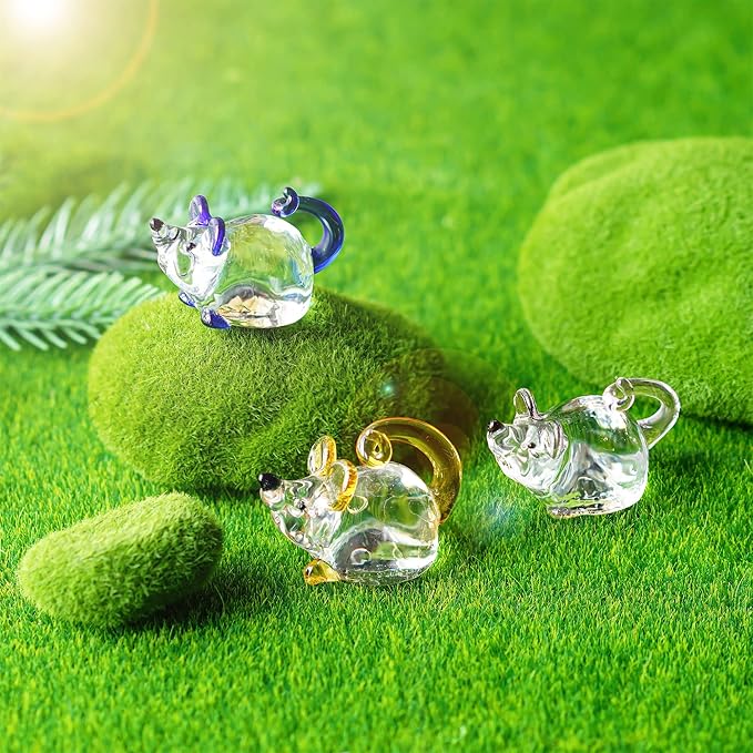 H&D HYALINE & DORA 3 Pack Glass Crystal Mouse Figurines Collectibles,Hand Blown Art Glass Animals Miniature Garden Decor Statue