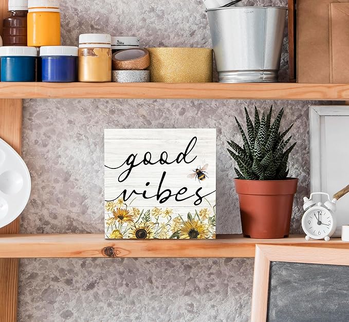 SRADMO Inspirational Bee and Sunflower Decor Wood Box Sign Desk Decor, Summer Rustic Wooden Block Box Sign Decoration For Home Office Shelf Table Decorative Accessories