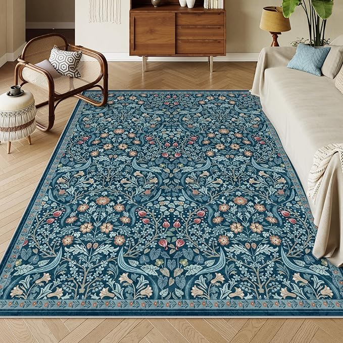 Moynesa Floral Washable 8x10 Rug, Large Area Rugs for Living Room, Soft 8 x 10 Boho Bedroom Rugs, Non Slip Botanical Ultra Thin Floor Carpet for Dining Room Nursery, Teal