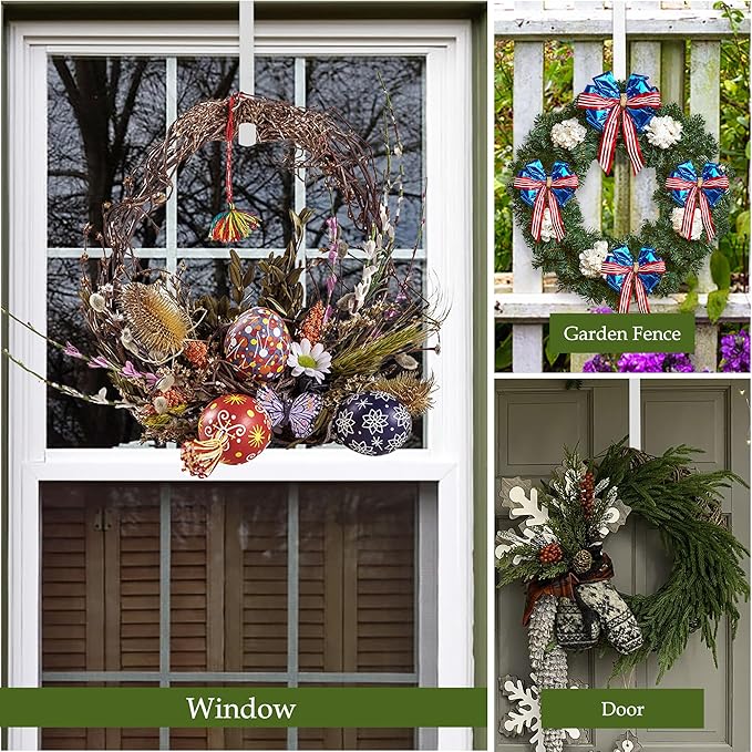 2 Pack Wreath Hangers for Front Door,14 Inch Wreath Hanger Hook for Front Porch Decor,Metal Over The Door Hooks Hanger for Halloween Fall Christmas Decorations Outdoor Indoor Home Decor,White