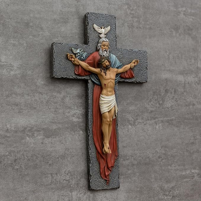 BC Catholic Holy Trinity Crucifix Wall Cross, 9.5" H Jesus Christ Wall Decor, Religious Gifts, Catholic Christian Home Decor, Renaissance Wall Sculpture handpainted by Buildclassic