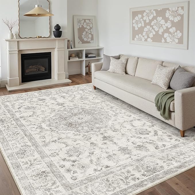 9x12 Area Rug Gray Washable Living Room Vintage Carpet Bedroom Large Non Slip Soft Low Pile Soft Thin Dining Room Office Accent Throw Rug