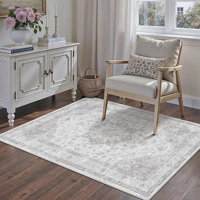 Grey Gray Area Rug 3x5 Washable Vintage Carpet for Entryway Office Soft Retro Kitchen Low Pile Thin Door Mat Non Slip Oriental Medallion Throw Rug for Bathroom Bedroom Dining Living Room