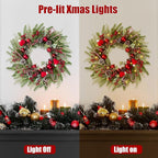 22’’ Artificial Christmas Wreath for Front Door with Red Balls Candy Canes Pine Needles Red Berries Pine Cones Christmas Decorations for Winter Wall Outdoor Home Holiday Xmas Decor