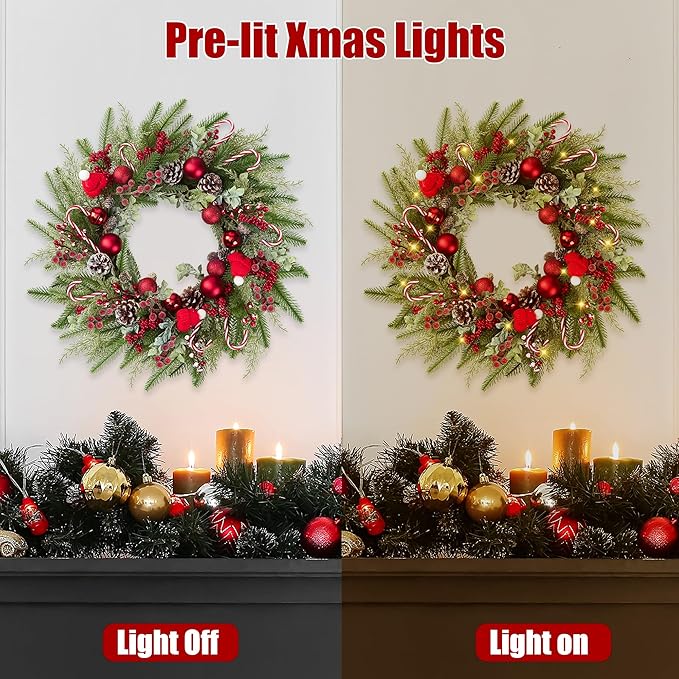 22’’ Artificial Christmas Wreath for Front Door with Red Balls Candy Canes Pine Needles Red Berries Pine Cones Christmas Decorations for Winter Wall Outdoor Home Holiday Xmas Decor
