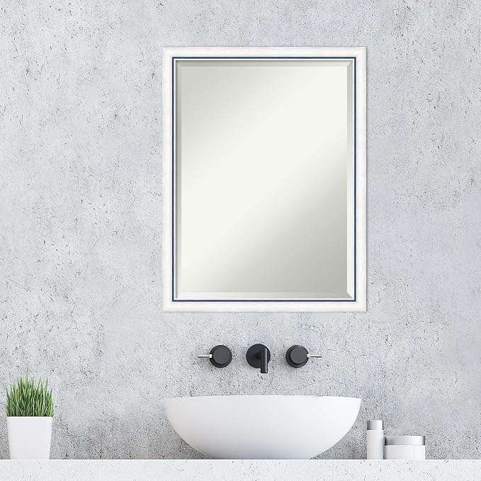 Amanti Art White Wall Mirror 26x20 Morgan White Blue Rectangle Bathroom Mirror for Wall Decor Living Room, Medium Modern Wood Frame, Hangs Horizonally and Vertically, Bathroom Decor, Beveled Edge