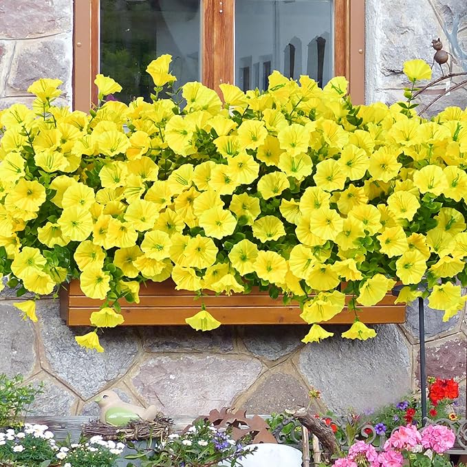 Waipfaru Artificial Flowers for Outdoors, 24 Bundles Faux Plants Outdoor, UV Resistant Artificial Plants, Silk Petunias Fake Flowers for Outside Home Decor Planter Porch Decoration, Yellow
