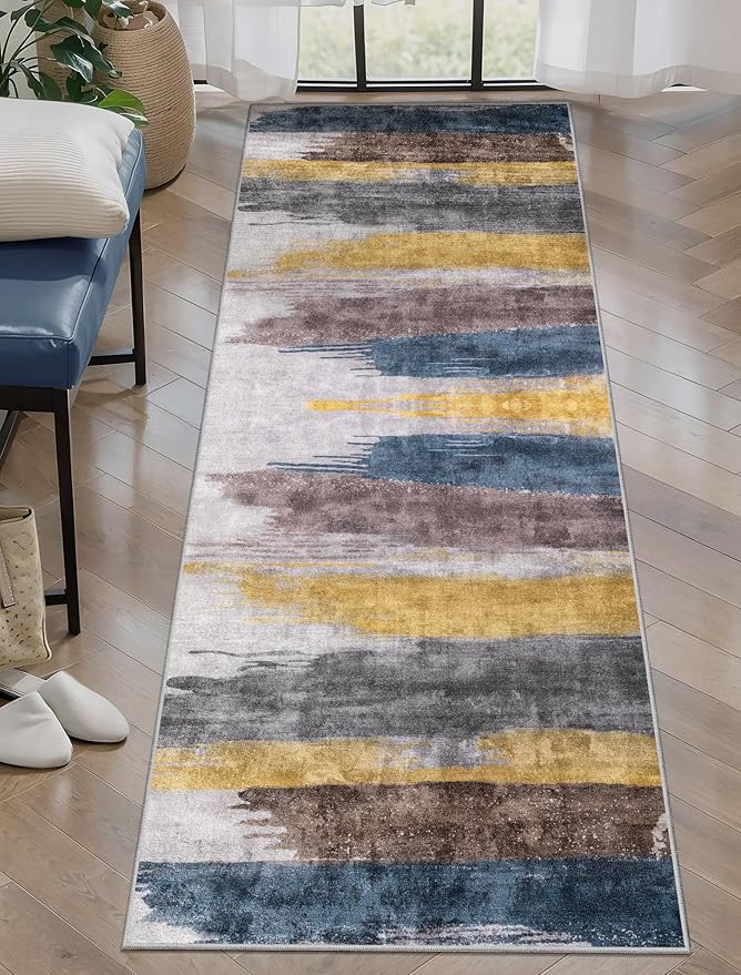Ciicool 2x6 Washable Runner Rug, Modern Abstract Hallway Rugs Runner, Non-Slip Thin Accent Rug Lightweight Yellow Grey Blue Print Distressed Carpet for Laundry Entryway Bedroom Kitchen Indoor