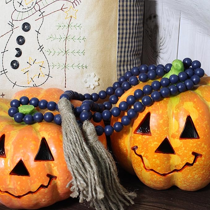 Farmhouse Decor Beads 59in Wooden Bead Garland with Tassels Rustic Coastal Room Accent Halloween Decorations for Home Wall Hanging Kitchen Island Table Mantle Shelf Country Decor, Navy Blue