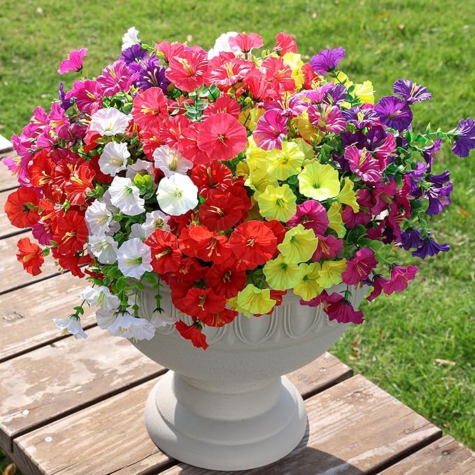 Artificial Flowers Fake Plants for Outdoors Decoration, 12 Bundles Silk Morning Glory with Eucalyptus Realistic UV Resistant Faux Flowers for Outside Planter Porch Yard Patio Garden Home Indoor, Mix