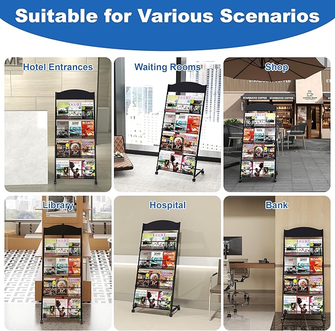 Brochure Display Stand 4 Layer Floor-Standing Magazine Rack Literature Newspaper Catalog Display Holder with Wheels and Top Billboard for Exhibitions,School, Hotel, Hospitals, Offices (Black)