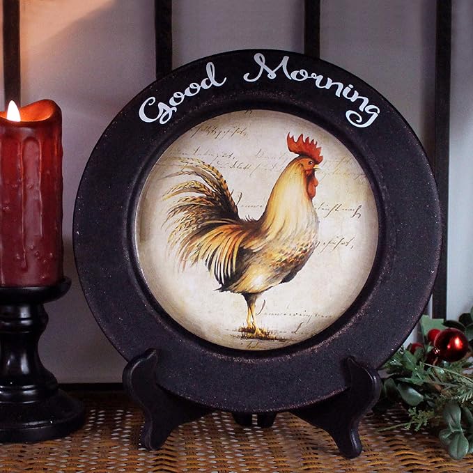 CVHOMEDECO. Rooster Decorative Plate Country Distressed Round Display Wooden Plate Home Décor Art, 11-1/4 Inch