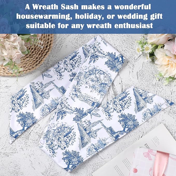 Blue French Toile Sash for Wreaths - 2 Pcs Rustic Wreath Sashes for Front Door Kitchen Cabinet, Wreath Sash for Monogram Embroidery Farmhouse Home Decor