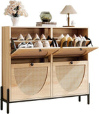 IRONCK Rattan Shoe Cabinet Storage with 4 Flip Drawers, Freestanding Shoe Storage Organizer Cabinet for Entryway, Narrow Shoe Rack Cabinet, Oak