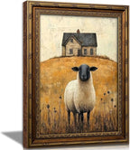 Vintage Gold Framed Wall Art Retro Country Sheep Oil Painting Canvas Prints Farmhouse Landscape Picture Wall Decor Rustic Farmhouse Animal Poster Artwork for Living Room Bedroom Bathroom, 16x24in