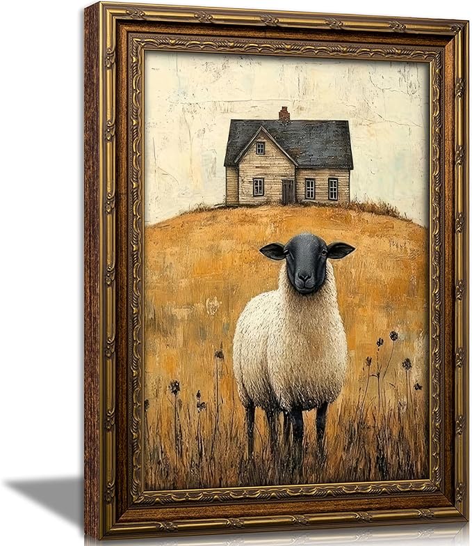 Vintage Gold Framed Wall Art Retro Country Sheep Oil Painting Canvas Prints Farmhouse Landscape Picture Wall Decor Rustic Farmhouse Animal Poster Artwork for Living Room Bedroom Bathroom, 16x24in
