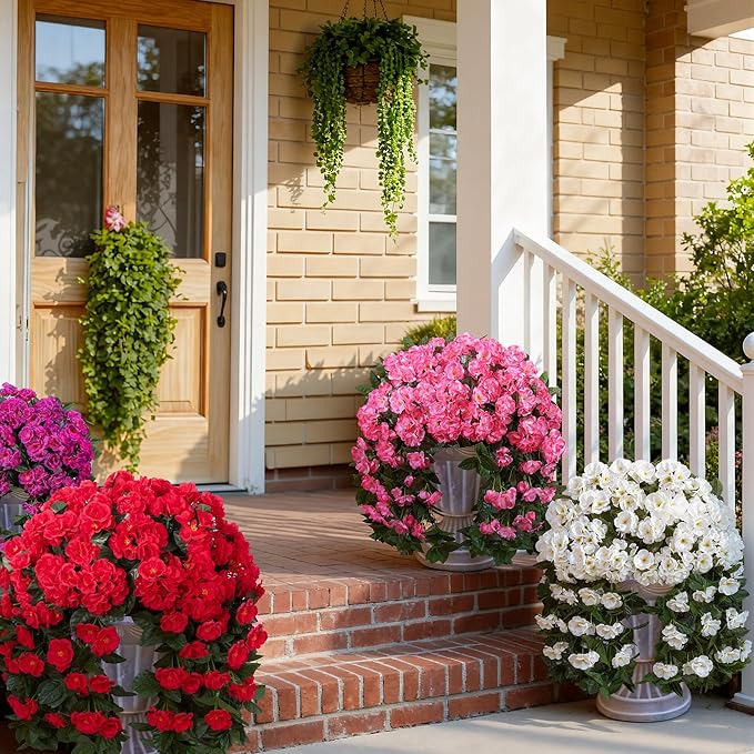 Ivydale Artificial Fake Flowers Geraniums for Outdoors Spring Summer Decor, 2 PCS Realistic Faux Hanging Plants UV Resistant Silk Flowers for Outsdie Planters Porch Patio Garden Outdoor Home, Fuchsia