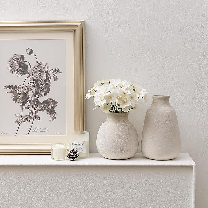 Ceramic Vase Set of 2 for Home Decor, 6.1"+8.23" Handcrafted Off-White Rustic Terracotta Vases, Vintage Farmhouse Decor, Minimalist Decorative Vases for Table Centerpiece Fireplace Nightstand