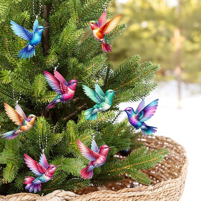 2D Bird Acrylic Hanging Ornament - 8Pcs Flying Birds Christmas Tree Ornaments, Xmas Tree Ceiling Pendants with Lanyard Rearview Mirror Window Charms Gift for Men Women (Hummingbird 1)
