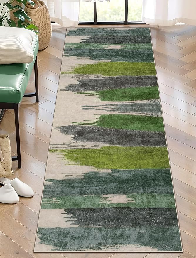 Ciicool 2x6 Washable Runner Rug, Modern Abstract Hallway Rugs Runner, Non-Slip Thin Accent Rug Lightweight Green Print Distressed Carpet for Laundry Entryway Bedroom Kitchen Indoor