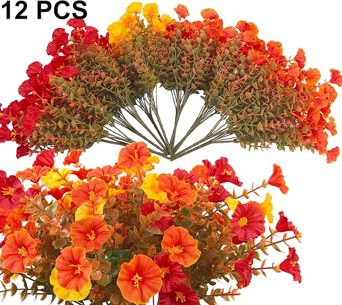 Artificial Mums Fall Flowers for Outdoors, 12 Bundles Artificial Plants Outdoor Fake Flowers UV Resistant, Outdoor Fake Plants Faux Silk Flowers for Porch Outside Planter Window Box Garden