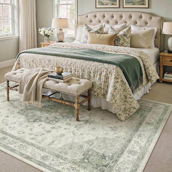 Green Area Rug 6x9 Washable Living Room Carpet Vintage Non Slip Soft Bedroom Indoor Office Retro Low Pile Thin Oriental Medallion Large Rug for Dining Room Playroom