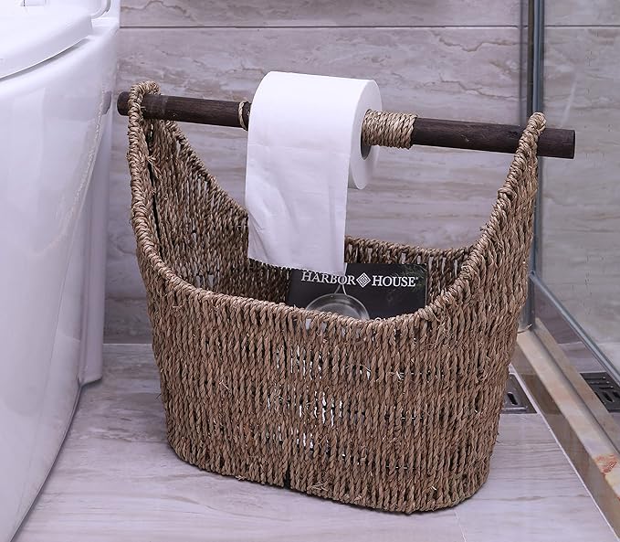 Vintiquewise Free Standing Magazine and Toilet Paper Holder Basket with Wooden Rod