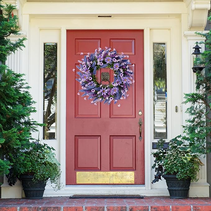 Sggvecsy Lavender Wreath for Front Door 22 Inch - Purple Daisy Spring Summer Artificial Wild Flower Greenery Leaves for All Seasons - Farmhouse Home Wall Indoor Outdoor Window Decor