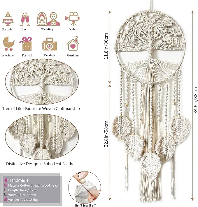 Large Tree of Life Dream Catchers, Macrame Wall Hanging Boho Handmade Woven Dream Catcher Macrame Wall Decor Art for Adults Boys Girls Bedroom Wedding Party Decor, Festival Blessing Gift（Light Beige）