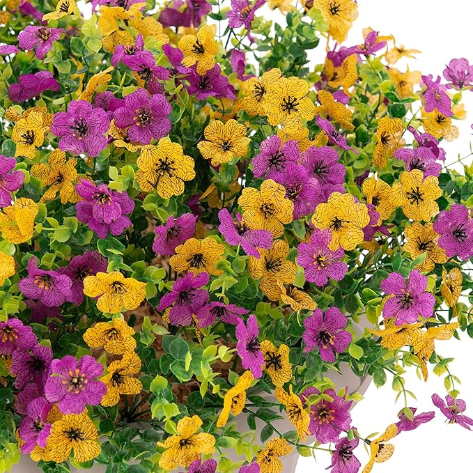 Artificial Fake Mums Flowers for Outdoor Spring Summer Decor, 12 Bundles Faux Silk Plants Daisy for Planter Pot Colorful UV Resistant Look Real for Front Door Porch Patio Outside Yard(Purple Yellow)