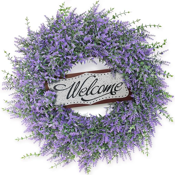 26" Artificial Lavender & Eucalyptus Wreath with Welcome Sign for Front Door, Porch, Window - Large Greenery Outdoor Wreath for Home, Farmhouse Decor - Spring, Summer, All Seasons (Purple)