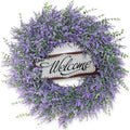 26" Artificial Lavender & Eucalyptus Wreath with Welcome Sign for Front Door, Porch, Window - Large Greenery Outdoor Wreath for Home, Farmhouse Decor - Spring, Summer, All Seasons (Purple)