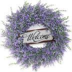26" Artificial Lavender & Eucalyptus Wreath with Welcome Sign for Front Door, Porch, Window - Large Greenery Outdoor Wreath for Home, Farmhouse Decor - Spring, Summer, All Seasons (Purple)