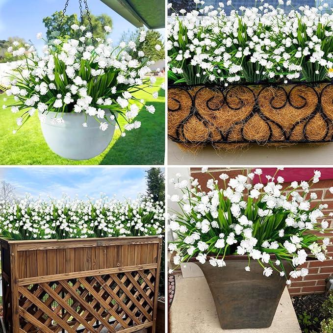 12 Bundles Artificial Flowers for Outdoors Spring Decor, Realistic UV Resistant Fake Plants Faux Plastic Flowers for Outside Planter Home Gardens Patio Porch Yards Cemetery Summer Decor(White)