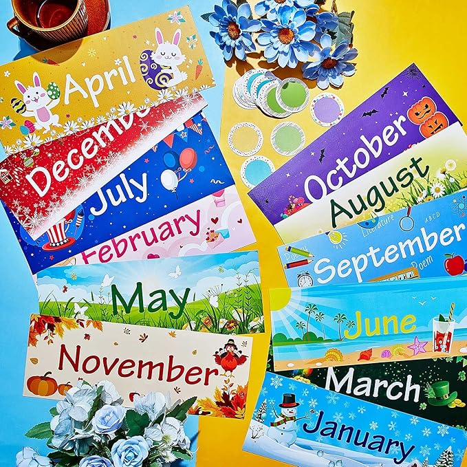 Zonon 48 Pieces Holiday Monthly Headliners Set 12 Months of The Year Headers Seasonal Monthly Bulletin Board Borders with 36 Round Blank Confetti Cutouts(Cute Style)