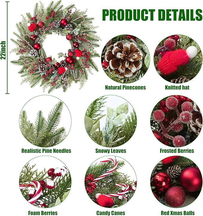22’’ Artificial Christmas Wreath for Front Door with Red Balls Candy Canes Pine Needles Red Berries Pine Cones Christmas Decorations for Winter Wall Outdoor Home Holiday Xmas Decor