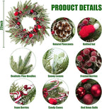 22’’ Artificial Christmas Wreath for Front Door with Red Balls Candy Canes Pine Needles Red Berries Pine Cones Christmas Decorations for Winter Wall Outdoor Home Holiday Xmas Decor
