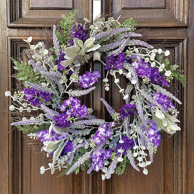 Haute Decor Mixed Artificial Lavender Wreath with Natural Grapevine - 24 Inch Spring Wreath for Front Door with Lavender, Eucalyptus, Cedar, Larkspur and Lamb's Ear Florals