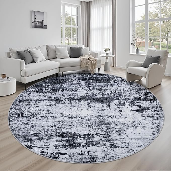 Round Area Rug for Living Room: 8 ft Washable Modern Abstract Soft Thin Rug Indoor Floor No Slip Stain Resistant Carpet for Bedroom Dining Room Farmhouse Nursery Home Office - Black