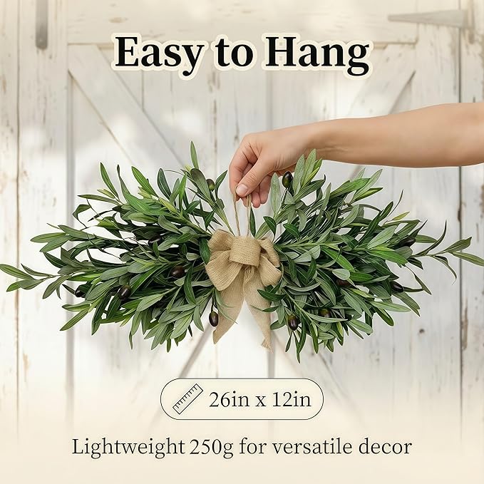 26" Farmhouse Olive Leaf Greenery Swag with Premium Burlap Bow Realistic Faux Olive Branch Door Decor for Front Door, Wall, Mantel, Table, Kitchen, Bathroom, Weddings & Seasonal Styling (Green 1Pcs)