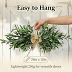 26" Farmhouse Olive Leaf Greenery Swag with Premium Burlap Bow Realistic Faux Olive Branch Door Decor for Front Door, Wall, Mantel, Table, Kitchen, Bathroom, Weddings & Seasonal Styling (Green 1Pcs)