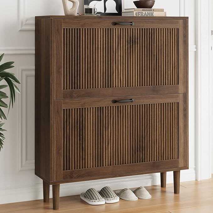 Smuxee Walnut Shoe Cabinet with 2 Flip Drawers, 31.5" Hidden Shoe Storage Cabinet with Small Fluted Doors, Freestanding Shoe Organizer Cabinet for Entryway, Hallway, Living Room