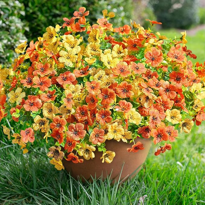 Artificial Fall Flowers Fake Mums for Outdoor Autumn Decoration, 12 Bundles Faux Silk Orange Yellow Mums Daisy Look Real UV Resistant for Outside Home Porch Patio Planter