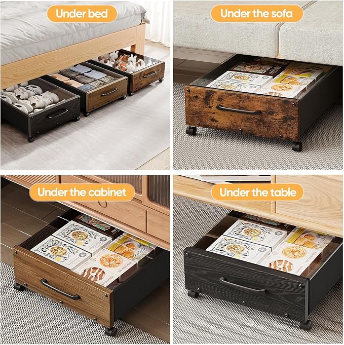 Under Bed Storage with Wheels, 2 Packs Wooden Storage Containers Extra Large Underbed Shoes Organizer, Rolling Under Bed Storage Drawers with Clear Lid, Heavy Duty for Clothes Toys 36"L (Black)