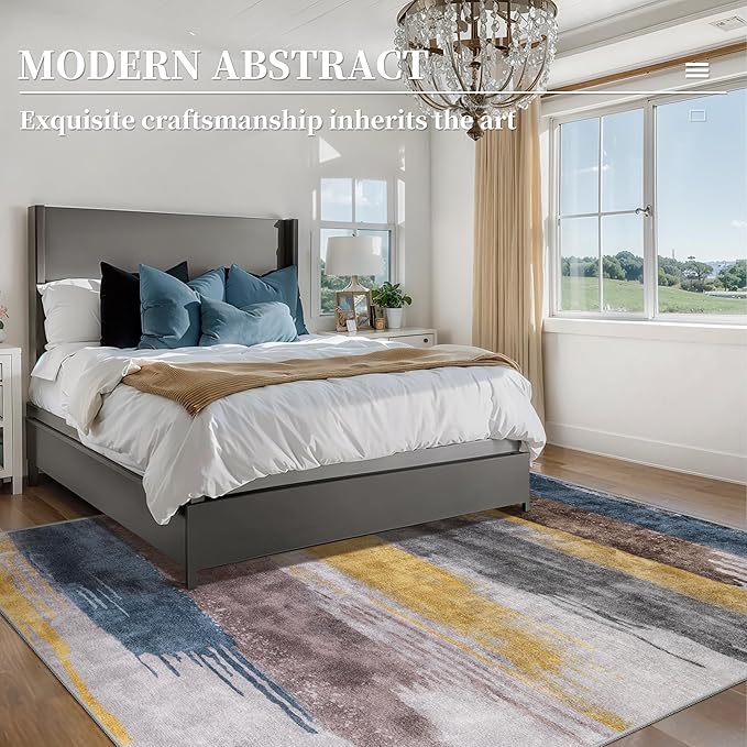 Ciicool Modern Abstract Yellow Gray Rug for Living Room, 4'x6' Machine Washable Area Rug Non-Slip Rug, Low-Pile Contemporary Indoor Dining Floor Carpet for Bedroom Office Under Table Home Decor