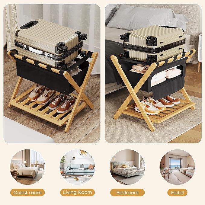 Full Assembled 26.77"L Luggage Rack for Guest Room, Set of 2 Foldable Suitcase Stand with 5 Nylon Straps & Cloth Bag, Luggage Stand Holder with Shoe Shelf for Suitcases Hotel (Natural Wood Bamboo)