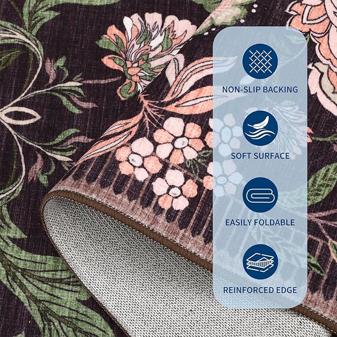 GarveeHome Plum Pink Floral Christmas Washable 5x7 Rug for Living Room, Black Purple Vintage Boho Cottage Throw Rugs Low Pile Carpet for Bedroom Dining Nursery Rug