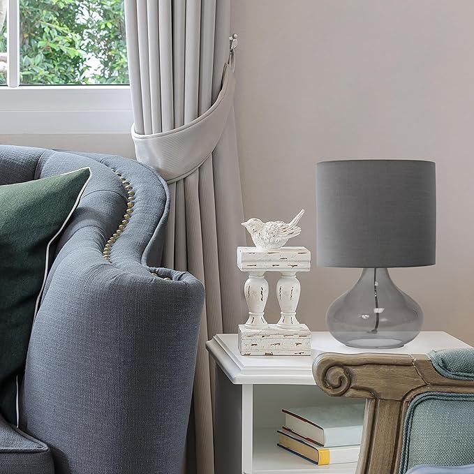 Simple Designs LT2063-SMG Small Glass Raindrop Bedside Table Lamp with Gray Fabric Shade, Smoke (Pack of 2)